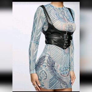 Blue Pink Mesh Print Long Sleeve Patterned Mini Dress, Med
